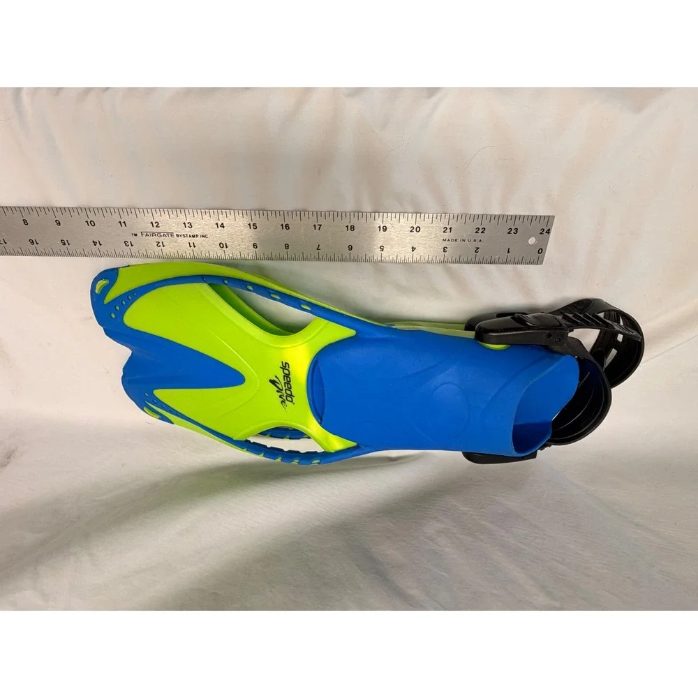 SpeedoDive Junior Kids Snorkel Set Blue Lime Green Fins L/XL US 1-4 Snorkel Tube
